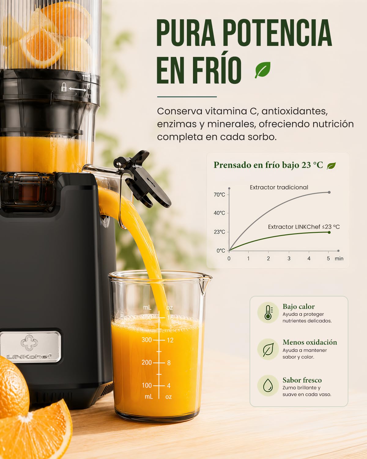LINKChef Extractor de Zumos Para Frutas y Verduras, Cold Press Juicer 250 W con Boca Ancha de 13 cm, Slow Juicer sin BPA, 1,8 L, Fácil de Limpiar, Recetas Incluidas