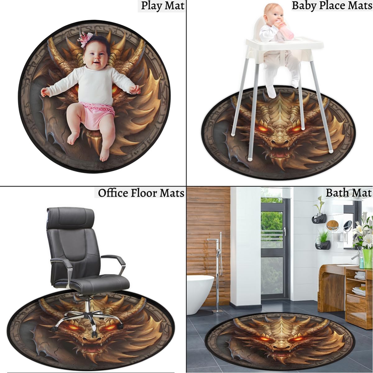 Round Rug 33.88in Dragon Head Animal Theme Area Circle Rugs Washable Non-Slip Bedside Indoor Doormat for Living Room Bedroom Home Playroom Nursery Room Decor Carpet Mat Splat Mat for High Chair