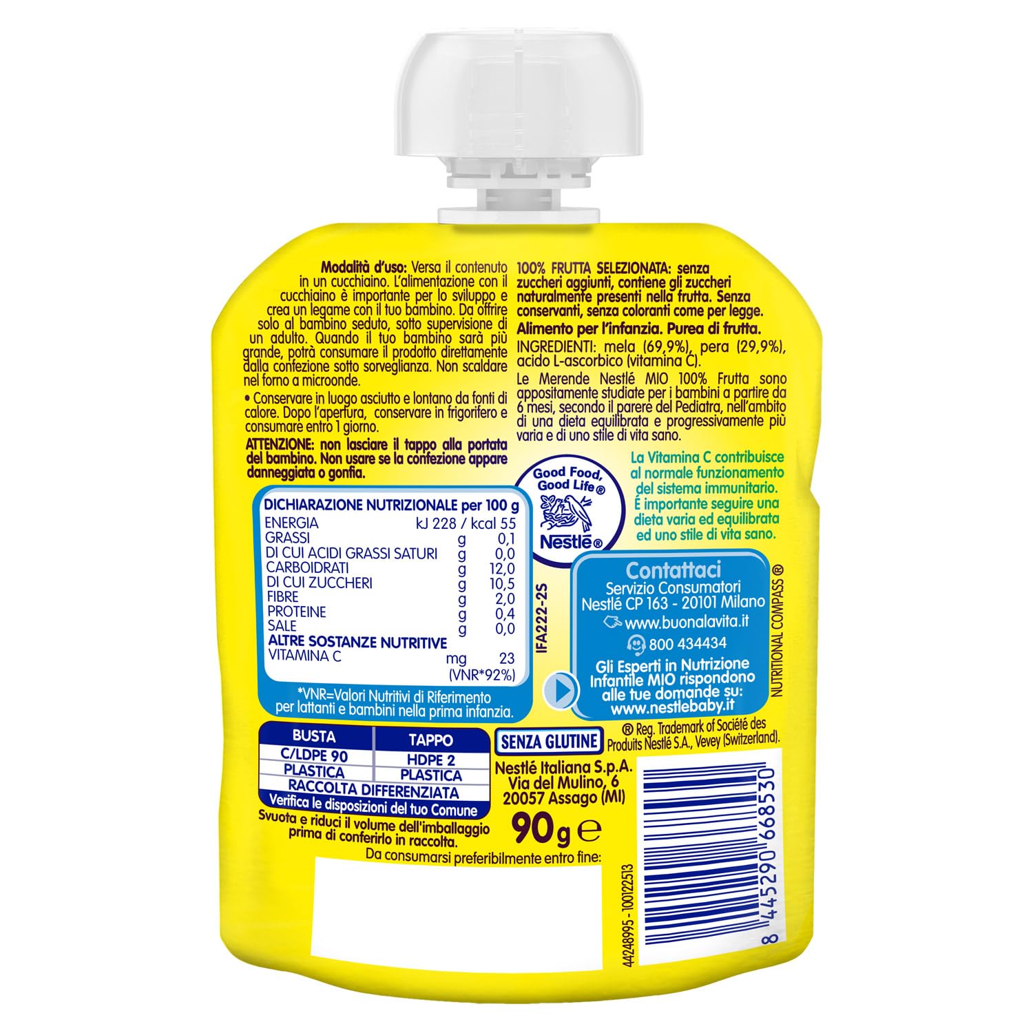 NESTLÉ MIO Merenda 100% Frutta Pera e Mela da spremere, 16 Pouch da 90ml (1,44L)
