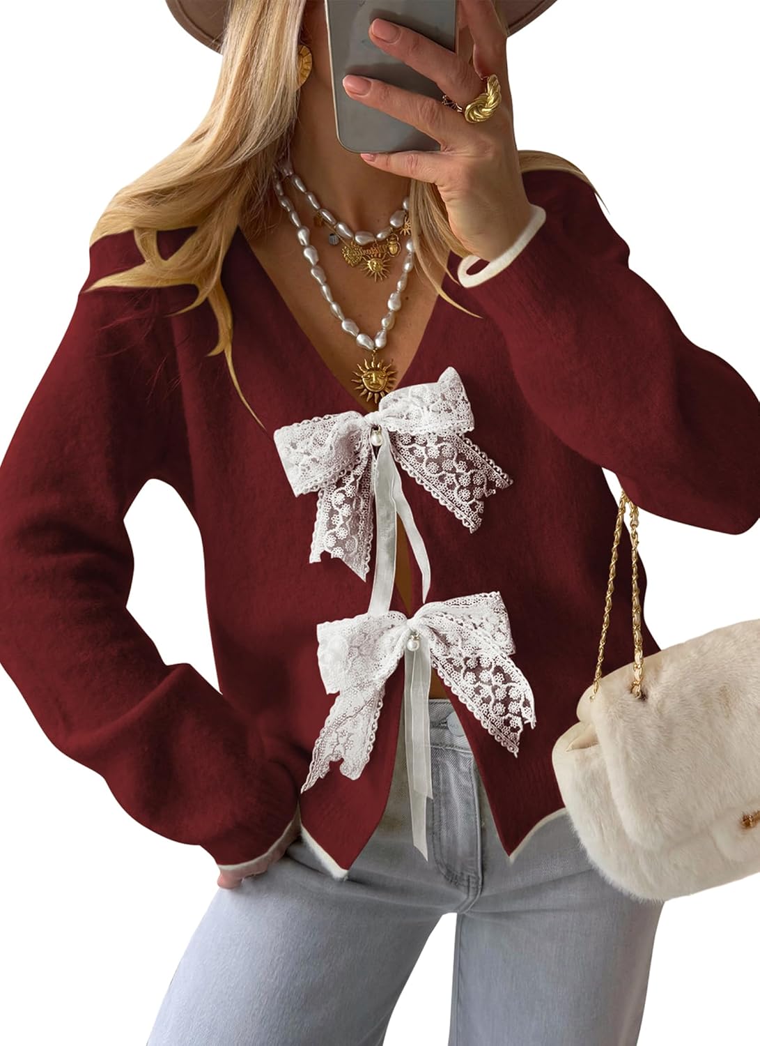 Cakulo Womens Bow Tie Sweater V Neck Cardigan Sweaters Lightweight Fall Fashion Knit Cardigans Winter Clothes 2025 Ruby XL