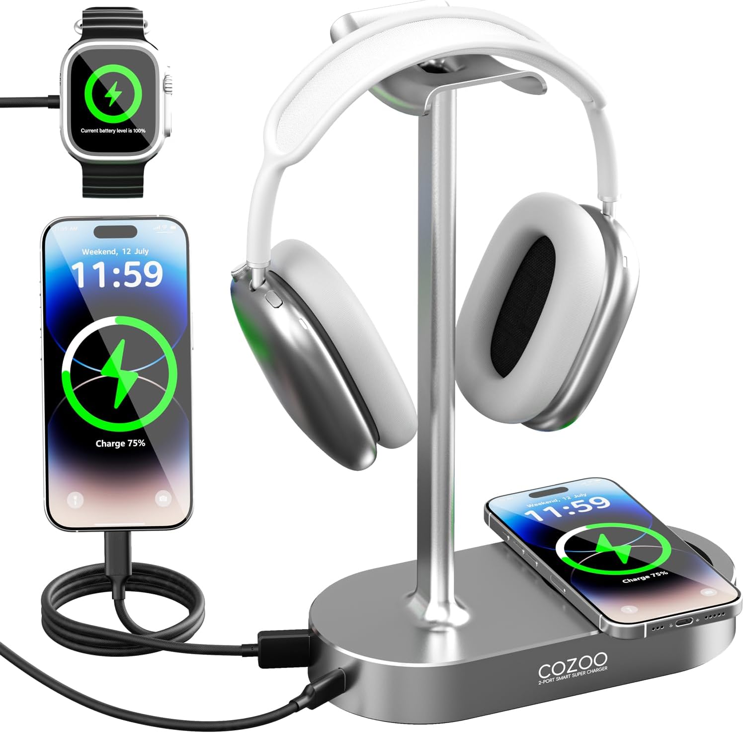 cozoo 15W Wireless Charging Headphone Stand with USB & Type-C Ports, Desktop Gaming Headset Holder, Cool Gaming Accessories & Tech Gifts for Men Teen Boys,Gamer Gifts, for Boyfriend and Teens
