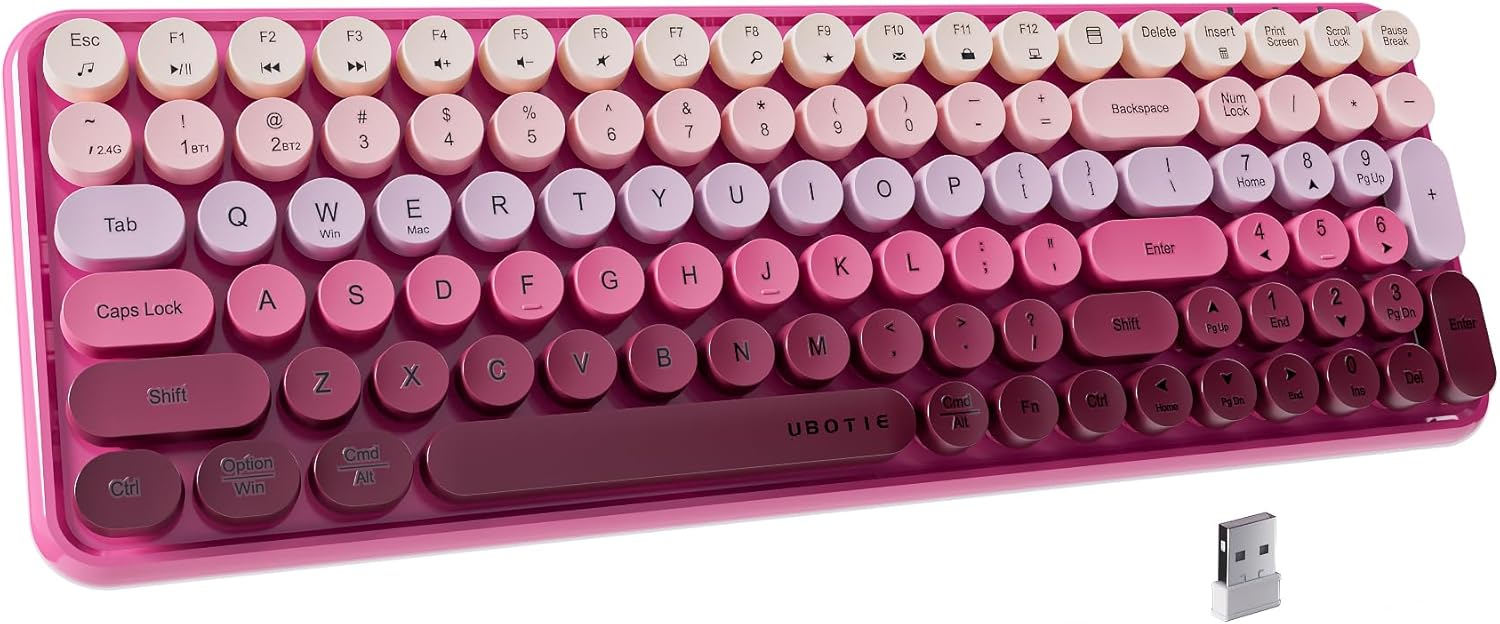 UBOTIE Colorful Bluetooth 100Keys Keyboards, Wireless Compact Rainbow Gradual Colors Retro Typewriter Flexible Keyboard for Tablet, Cellphones, PC(Rosy Gradient)