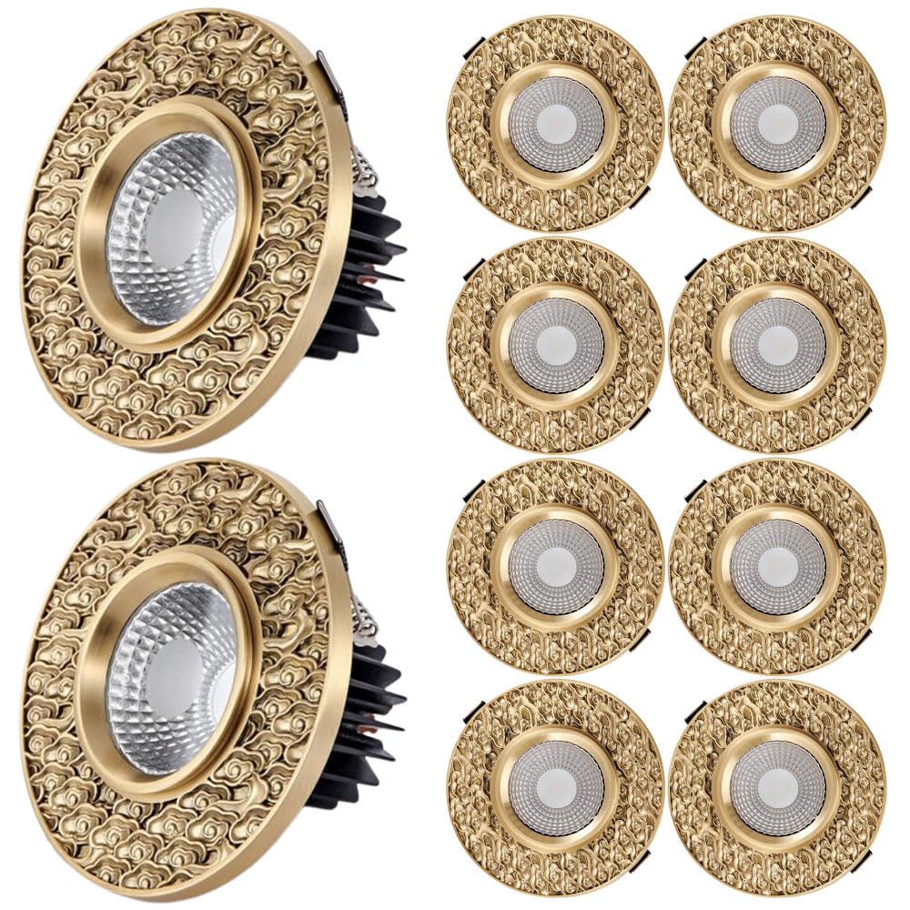 ASerZenith 4.3 Inch Round Brushed Brass Downlight Luminaire, 10 Pack Led Recessed Light Fixtures Ceiling Lights, Dimmable Eyeball Retrofit Spotlight, Cri 90+,3Cct 3000K 4000K 6000K,Gold