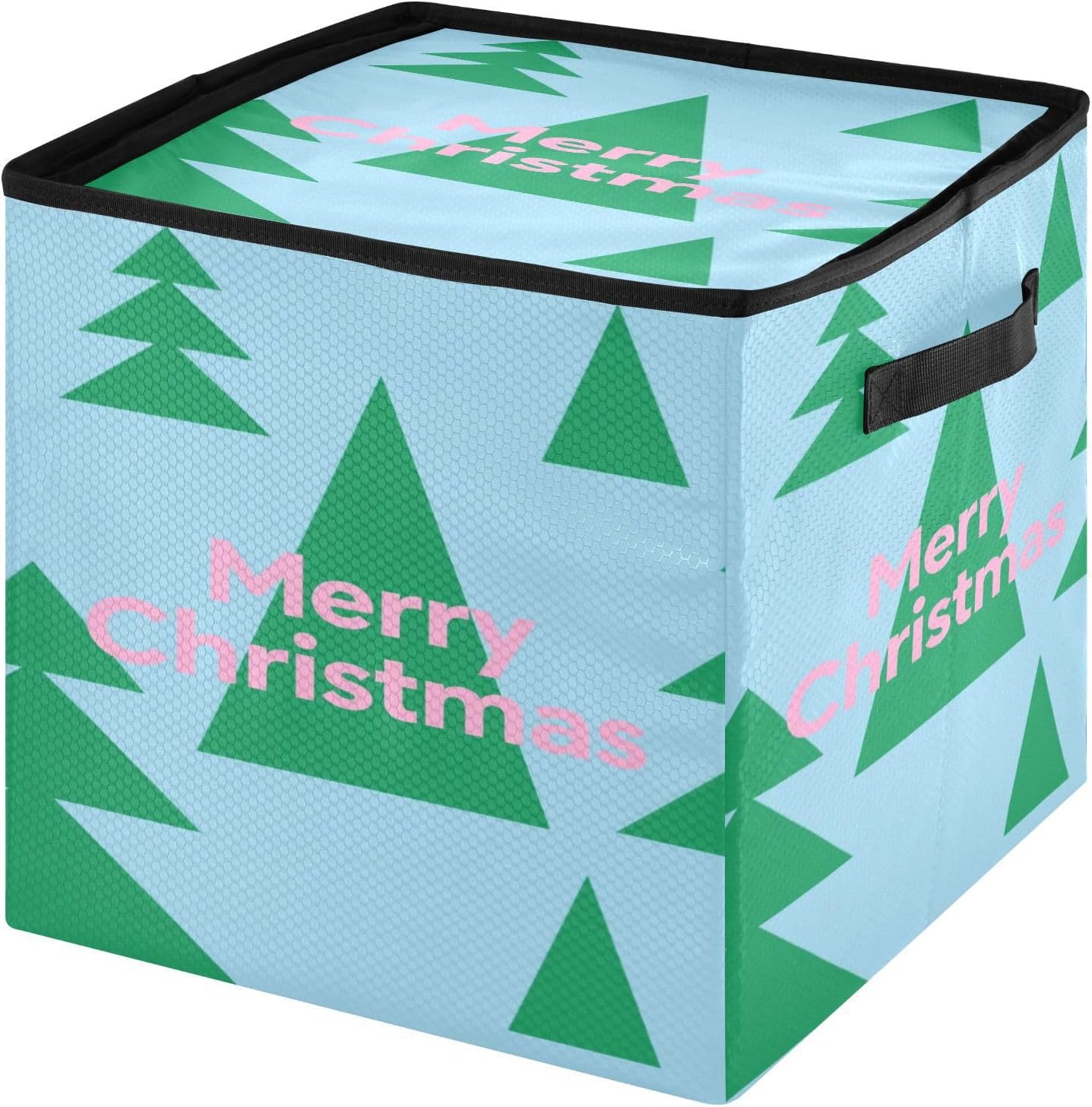 High Capacity Christmas Ornament Storage Box Holds Up to 64, Adjustable Dividers, Zippered Top, Two Handles foldable Holiday Storage Case with Lid,Merry Christmas Green Tree Blue