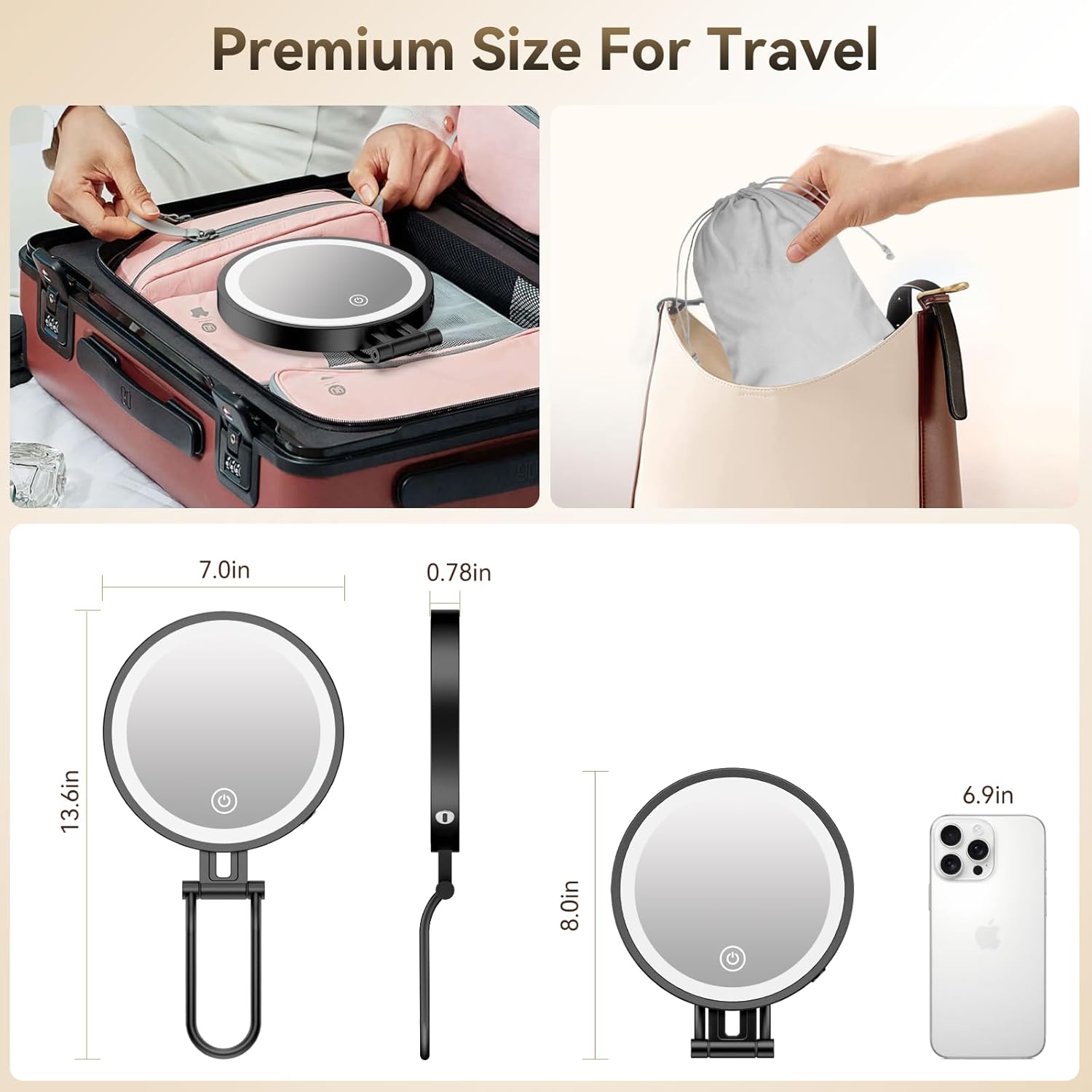 Travel Makeup Mirror with Lights,3000mAh Rechargeable 1X/20X Magnifying Mirror with Light, 7" Portable Lighted Beauty Mirror, Make Up Mirrors with 3 Light Colors, Dimmable Tabletop Handhold Hanging(B) - Image 8