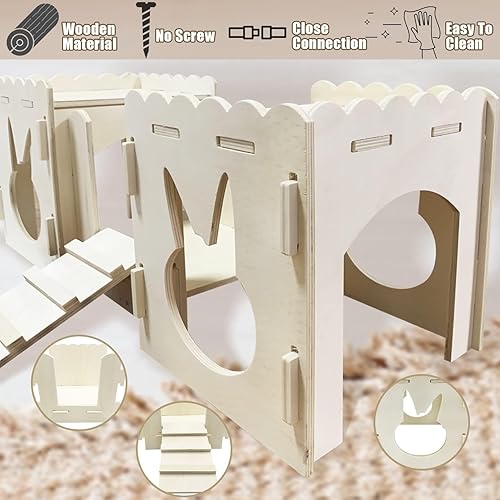 Miniatura 6 de kathson Castillo de madera para conejos, pequeños animales, escondite, casa de juegos de conejo, túnel con ventanas de puente, castillo interior