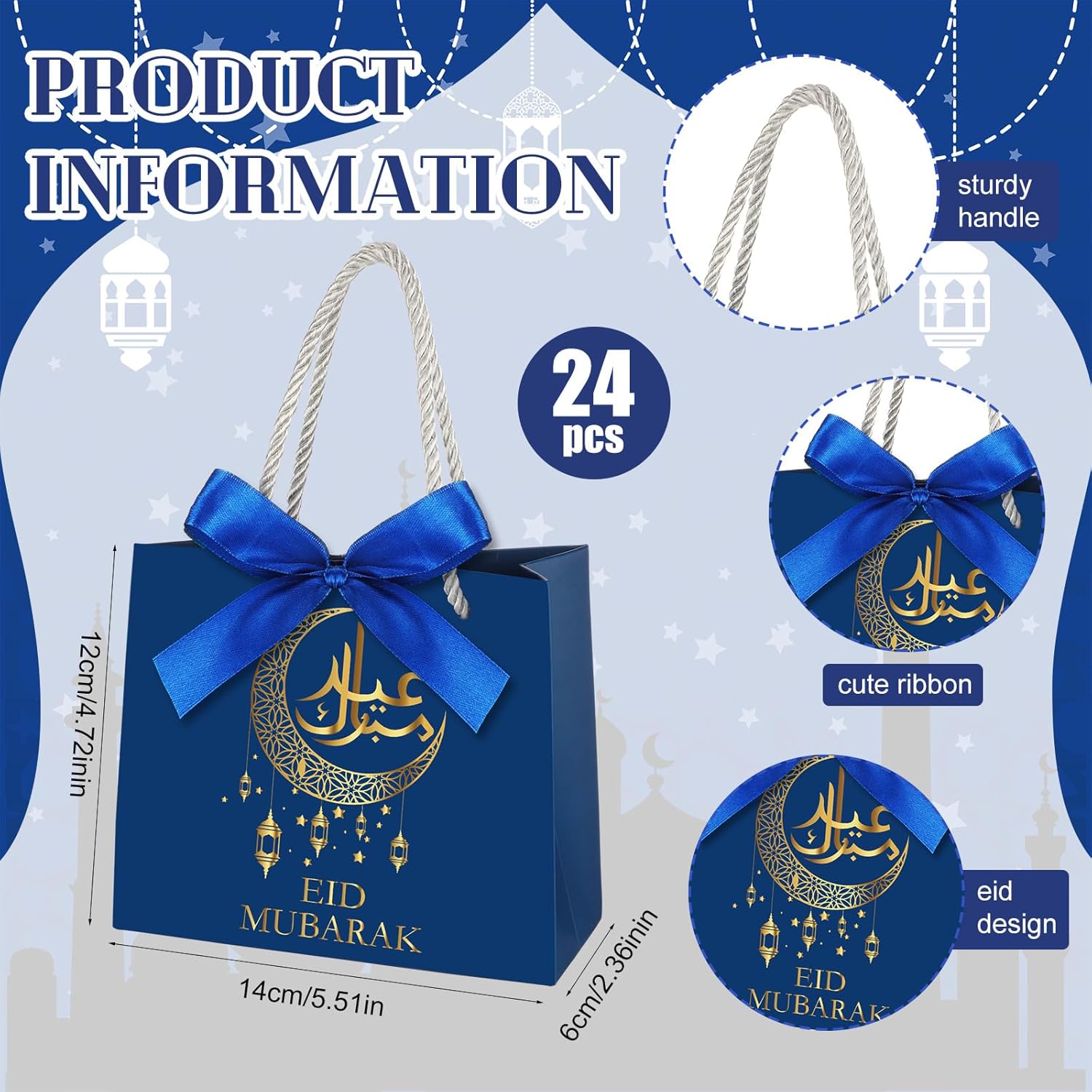 Gueevin 24 Pcs Eid Mubarak Party Gift Bags Moon Star Goodie Paper Treat Bags with Handles and Ribbon for Eid Mubarak Ramadan Kareem Muslim Party Supplies Favors Decorations - Image 2