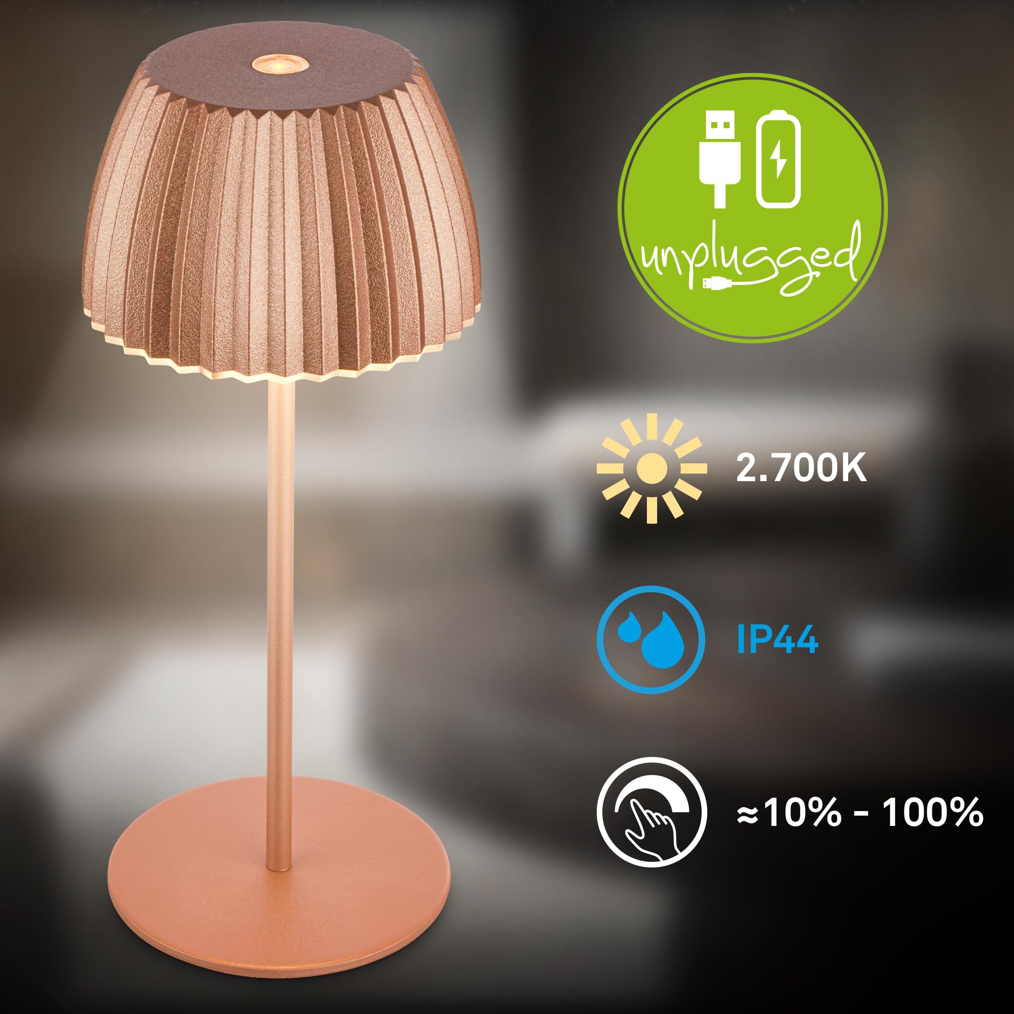 BRILONER Riffle Mini bezprzewodowa lampa stołowa LED IP44 z jasną krawędzią, 8,5 x 20 cm, ściemniacz dotykowy, wymienna bateria, lampka nocna, German Design Award Winner 2025, kolor miedziany