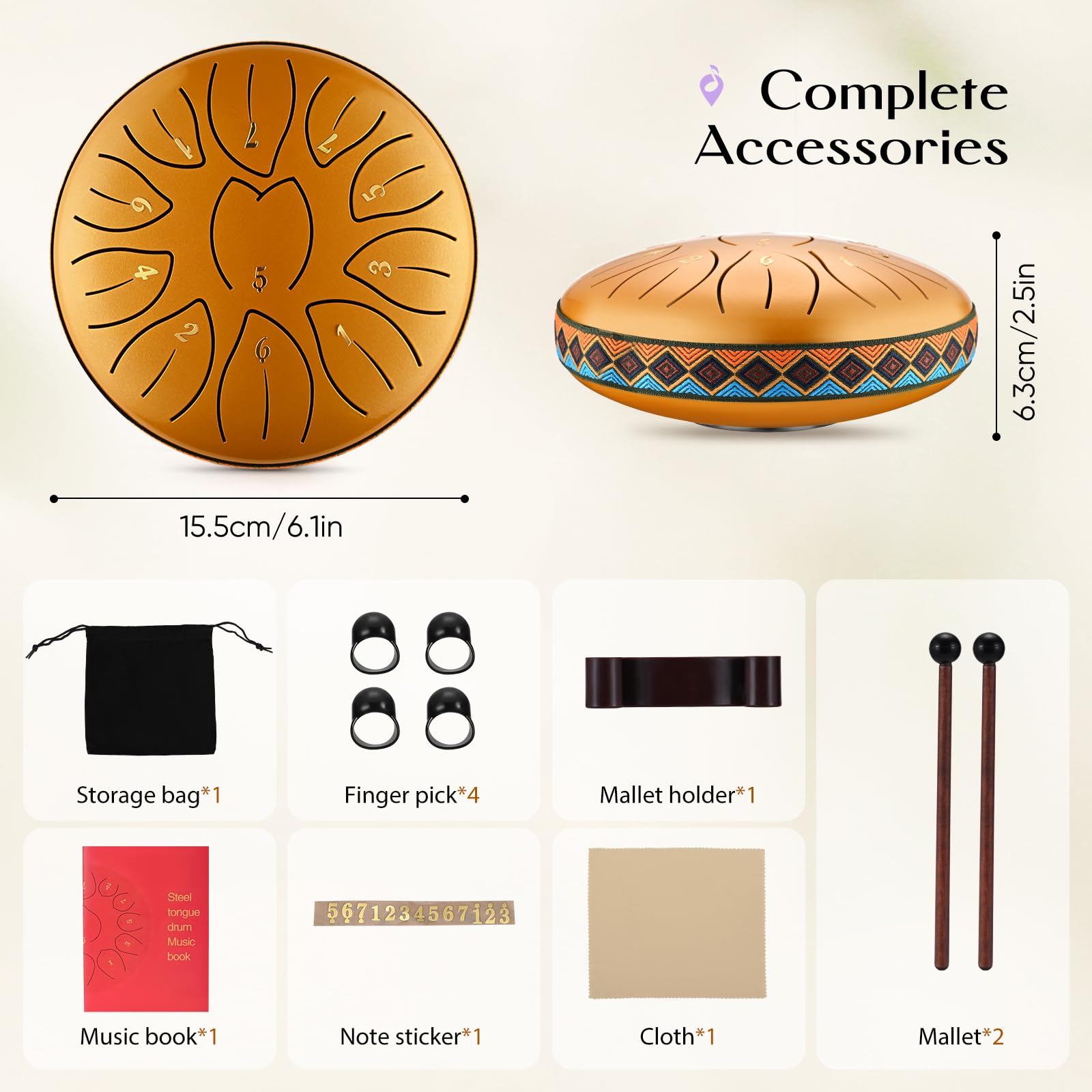 Steel Tongue Drum, 6 Pollici 11 Note Handpan Strumento Musicale Impostata, Portatile Tamburo del Handpan in Acciaio, Strumento a Percussione per Meditazione, Yoga, Guarigione del Suono, Oro