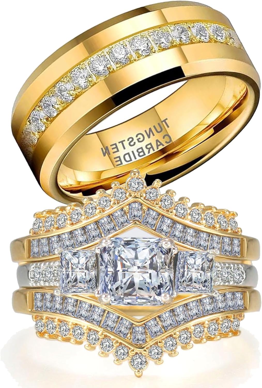 2CT CZ Wedding Ring Set for Women & Men Yellow Gold Plated Bridal Couple Rings Tungsten Ring Elegant Wedding Band