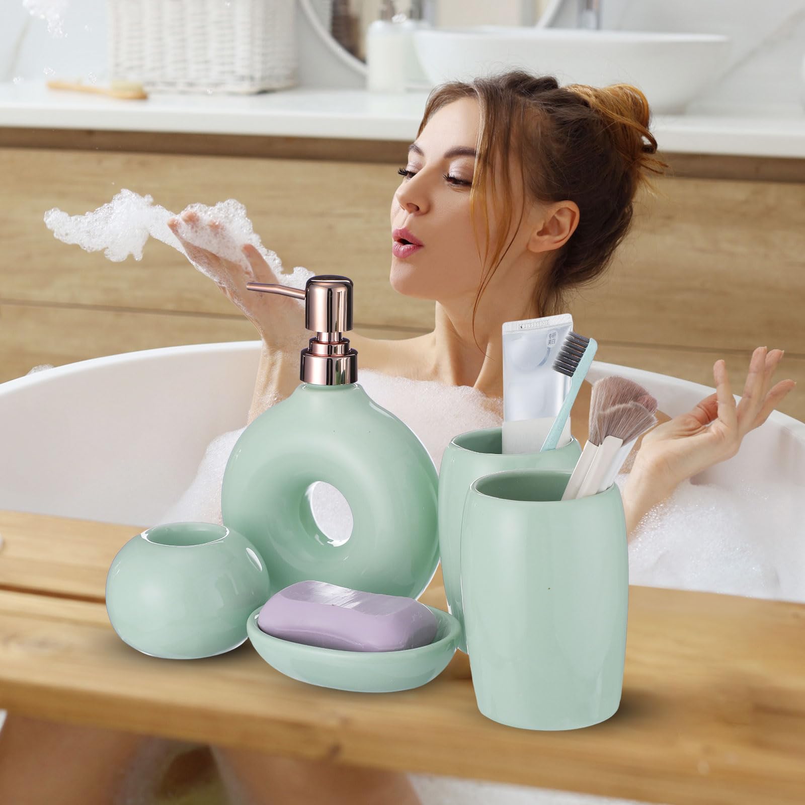 FoldTier Set da 5 pezzi di accessori da bagno in ceramica, include dispenser per sapone, portabicchiere per spazzolino, portasapone, elegante e moderno, decorazione da bagno in smalto opaco (verde)