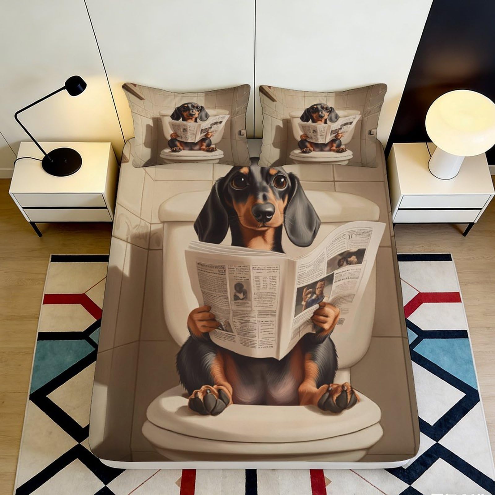 3D Printed Funny Dog Pattern Fitted Sheet Microfiber Soft Durable Cartoon Puppy Bed Cover for Bedroom Dormitory Guest Room Mattress Protection 200x200x25cm