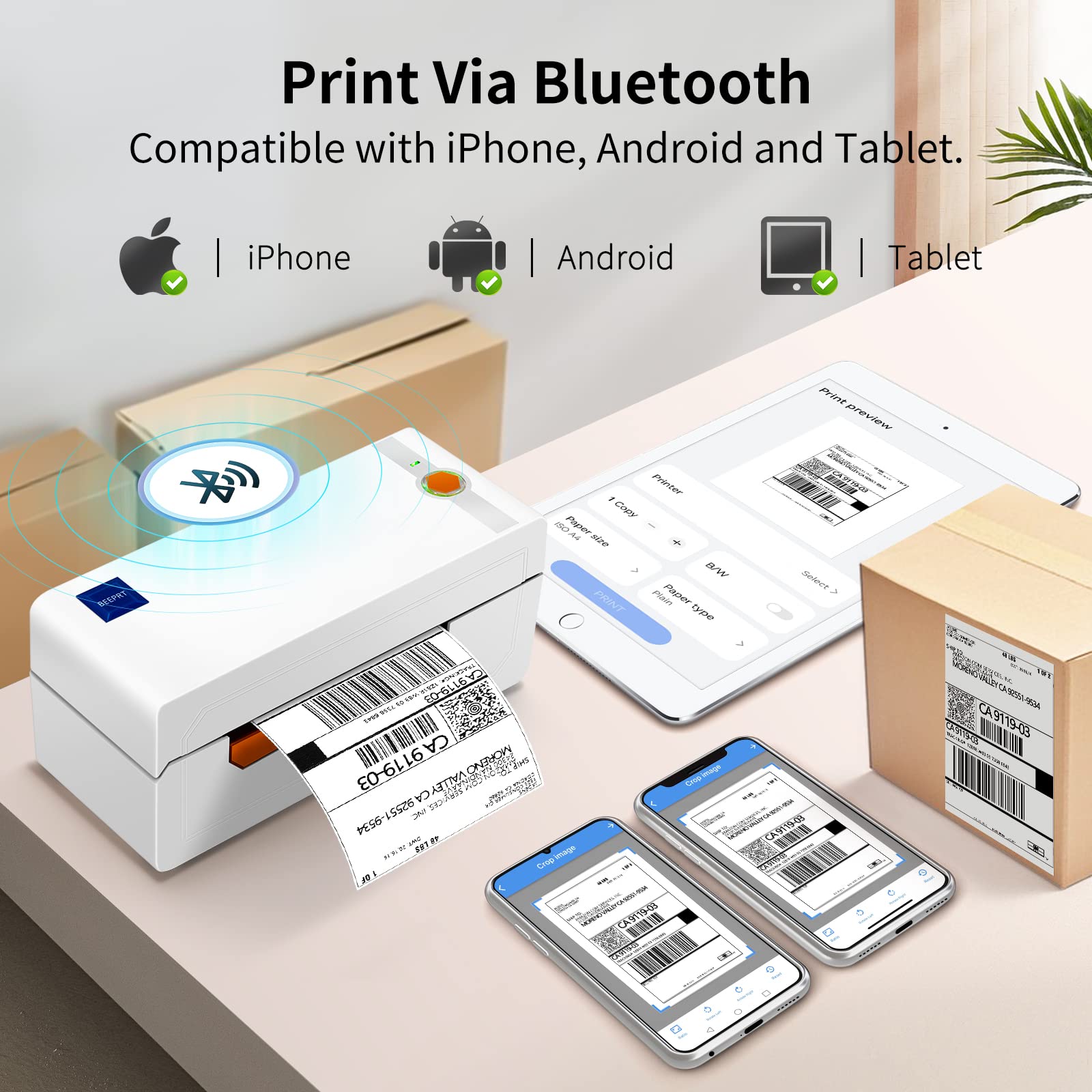 JADENS Stampante termica per etichette Bluetooth, stampante per etichette di spedizione 4x6 per pacchi di spedizione 203DPI, dimensioni di stampa da 1,5"-4,1" compatibile con Hermes, Royal Mail,