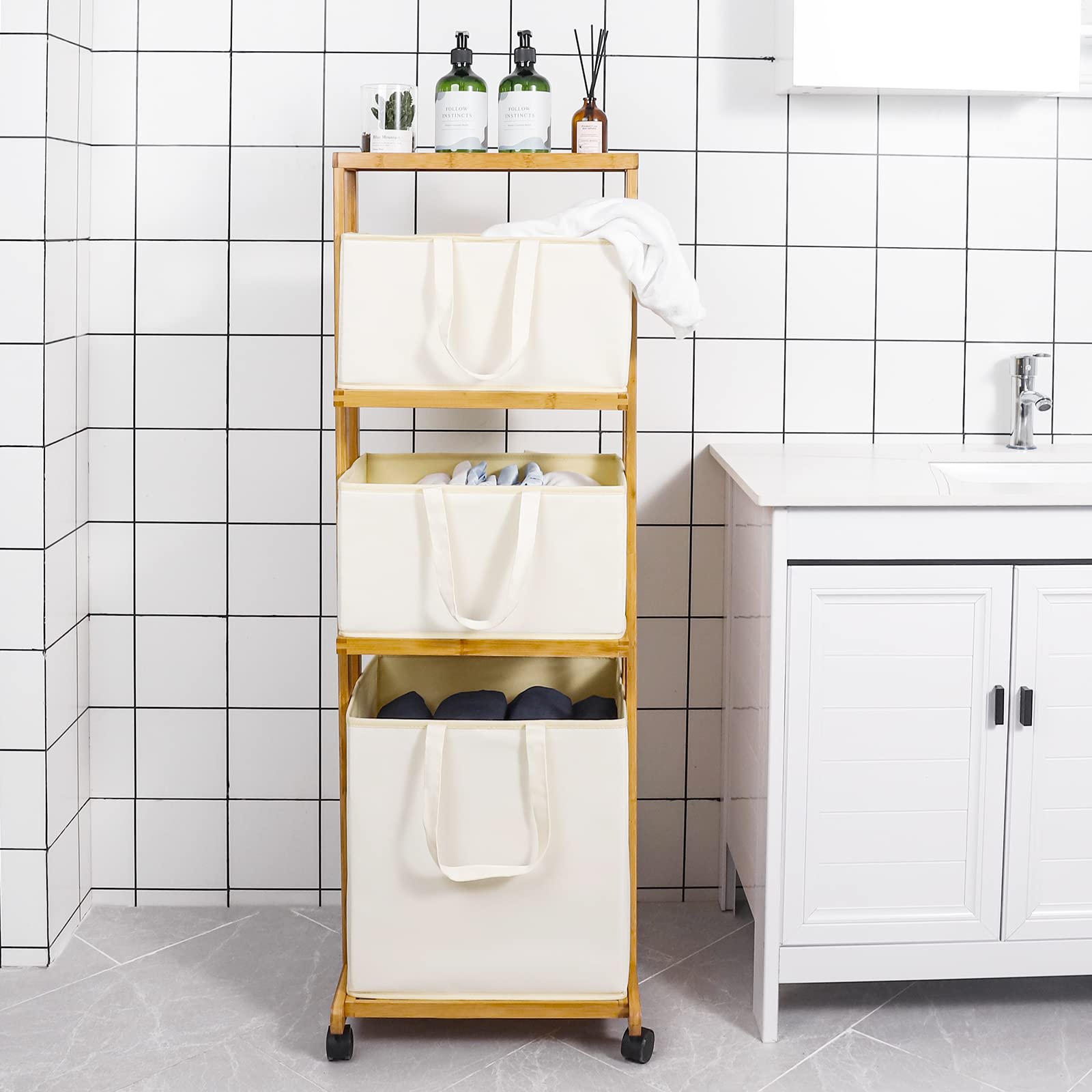Yorbay Cesta Portabiancheria in Bambù con Ruota, 3 Ceste Estraibili, Cesto per Vestiti Sporchi, Scaffalatura Portaoggetti per Bagno Camera, Mobile, 121x34x42cm, Beige