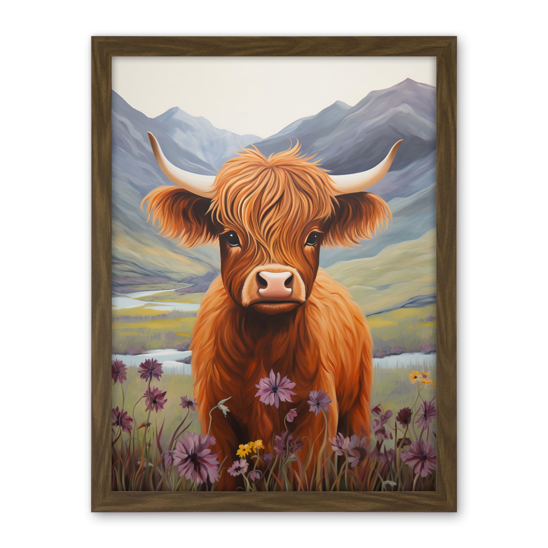 Artery8 Kids Bedroom Nursery Artwork Highland Calf Cow in Heather and Cornflower Glen Scotland Artwork Framed Wall Art Print 18X24 Inch