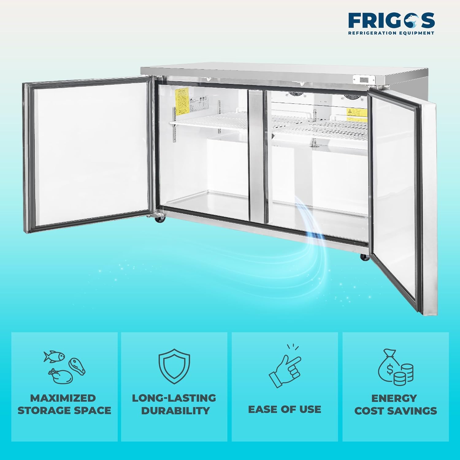 Frigos FG-UCRF-60 60" 2 Door Undercounter Refrigerator Silver - Ideal Standing Refrigerator for Commercial Kitchen - Undercounter Fridge Included Liftgate