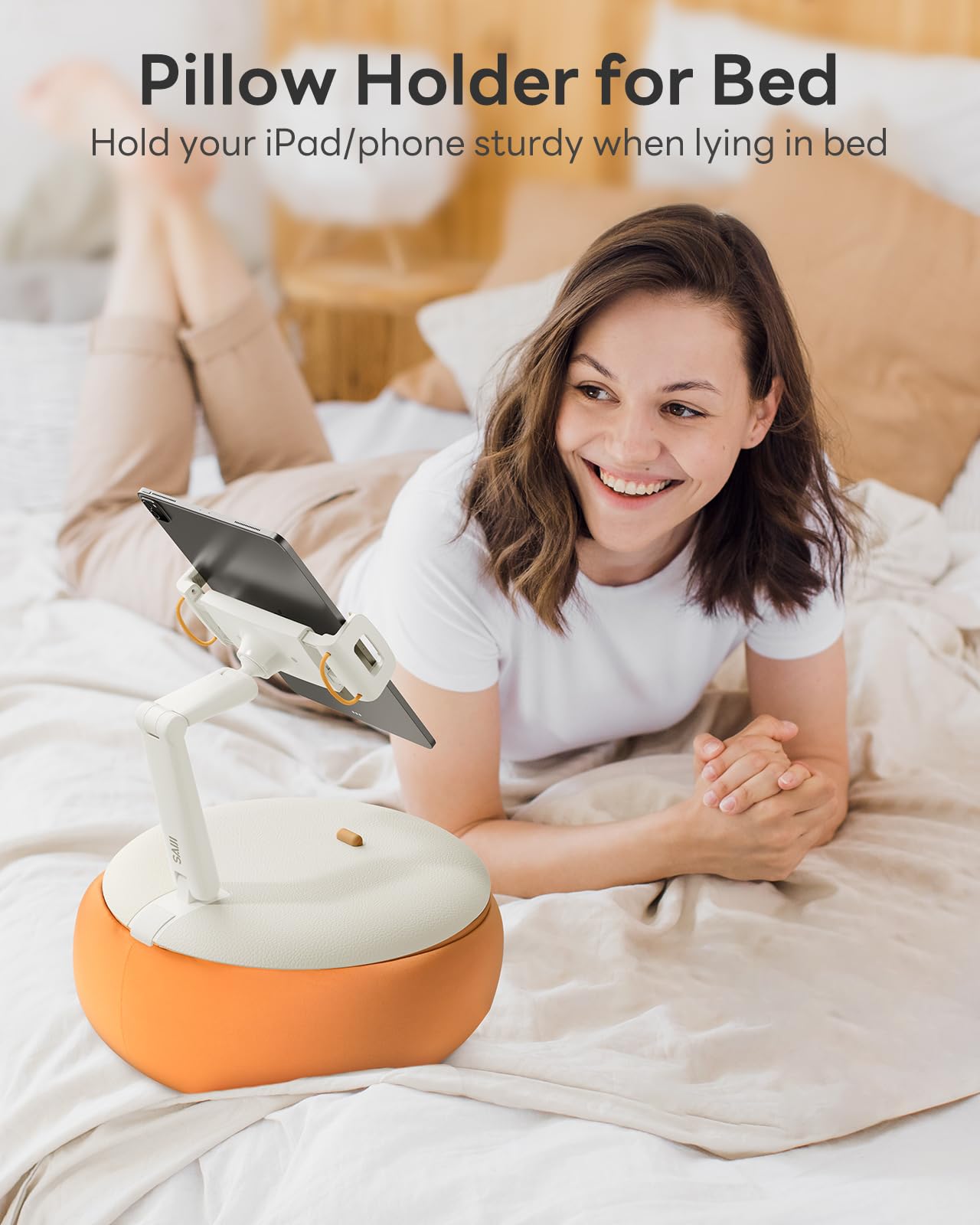 SAIJI Soporte de almohada para tableta, soporte para Kindle compatible con Kindle de 4.7 a 15.6 pulgadas, monitor portátil, soporte ajustable de 360° para cama con brazo flexible de doble eje y cojín