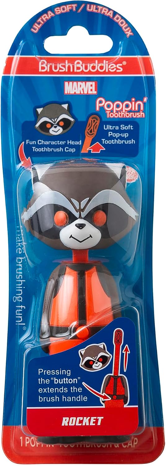 Brush Buddies Marvel Rocket Kids Toothbrush Soft Rounded Bristles Poppin' Fun Superhero Toothbrush Cover Easy Grip Handle Gentle Cleaning for Toddlers & Kids Ages 2+ Travel Friendly Oral Care