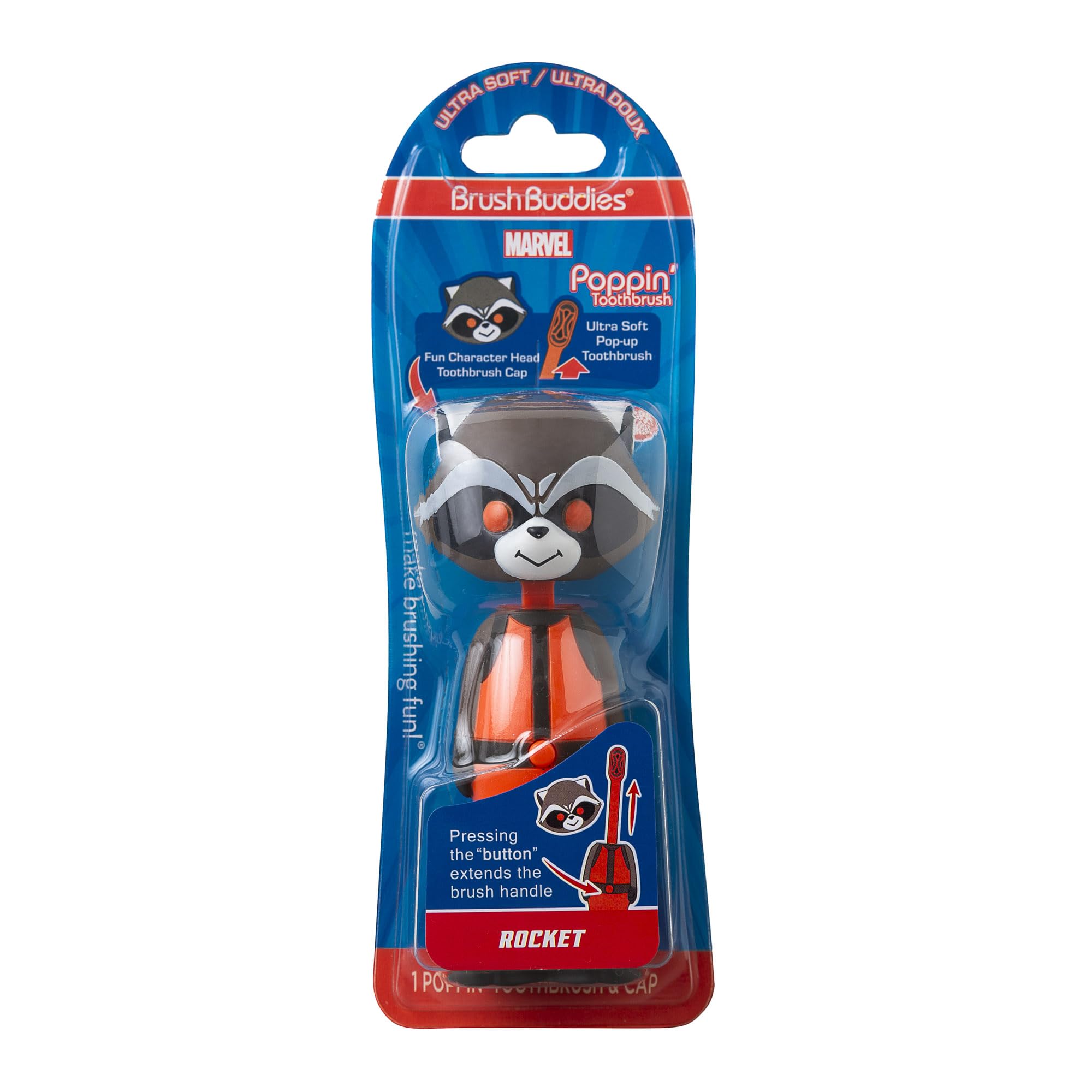 Brush Buddies Marvel Rocket Kids Toothbrush, Soft Rounded Bristles, Poppin' Fun Superhero Toothbrush Cover