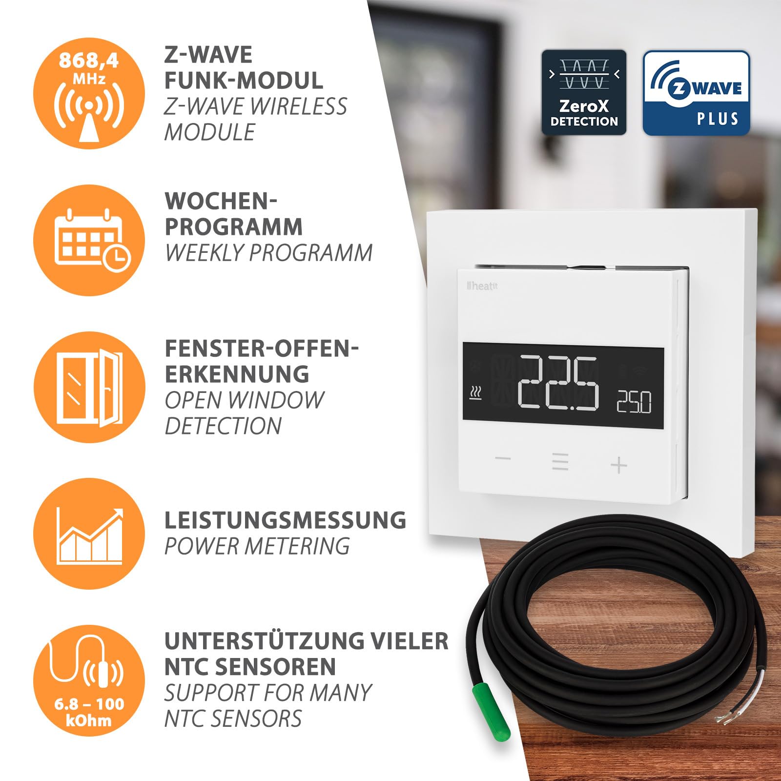 Heatit Z-TRM6 Z-Wave Plus Thermostat Raumregler mit EXT. Sensor für Fußbodenheizung elektrisch und wassergeführt, IR-Heizung, Farbe: weiß RAL 9003