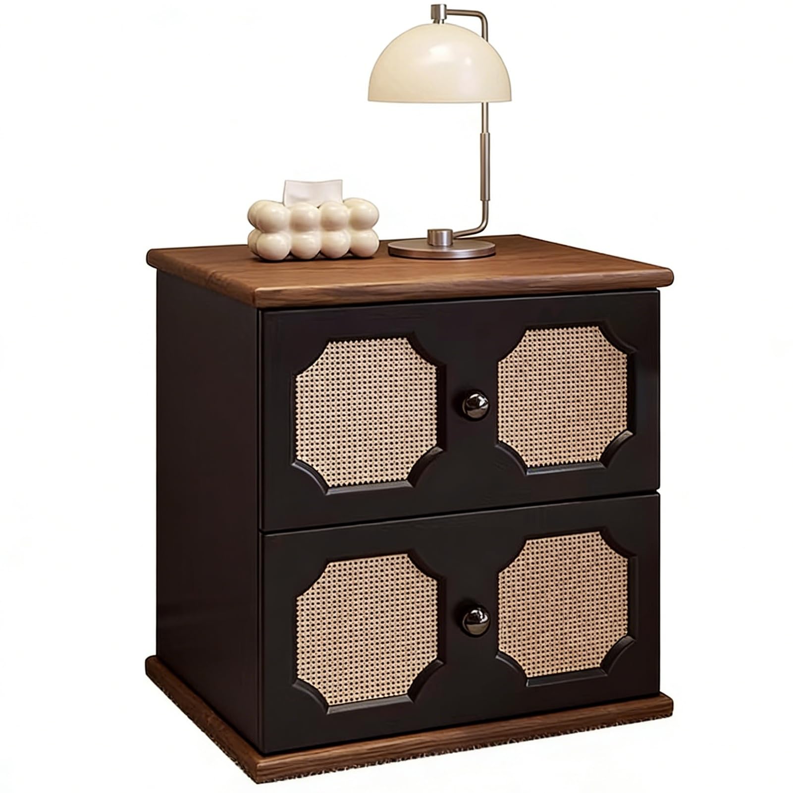 Table chevet vintage en bois massif et rotin : meuble d'appoint rétro fini cuir Nero