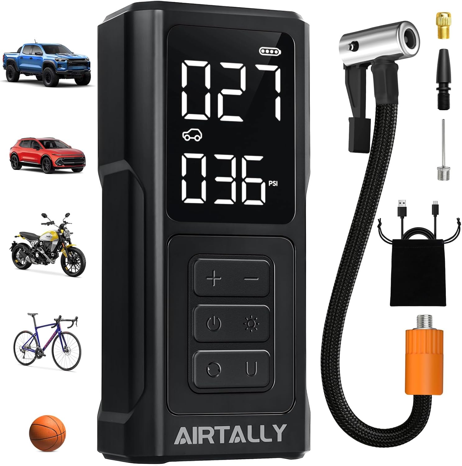 AIRTALLY i7 Portable Tire Inflator: 5200mAh Cordless 150PSI Air Compressor for Car Tires, Bikes, Balls w/ Dual LED Screen & Auto Shut-Off