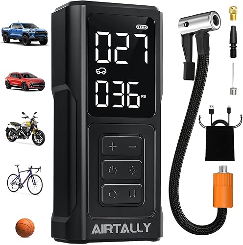 Tire Inflator Portable Air Compressor - 5200mAh 150PSI Quickly Inflate Portable Air Pump For Car Tires/Bike/Basketball with LED Large Dual Screen, Pressure Gauge & Auto Shut-Off