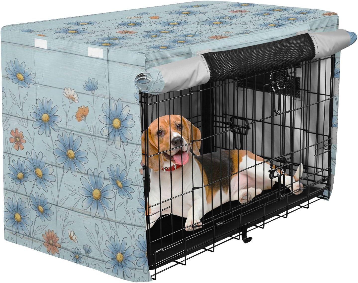 Duty 600D Silver Coated Dog Crate Cover, Water-Resistant Daisy Print Pet Kennel Canopy with Mesh Windows for Optimal Ventilation, Universal Fit for Standard Wire Cage, Indoor & Travel