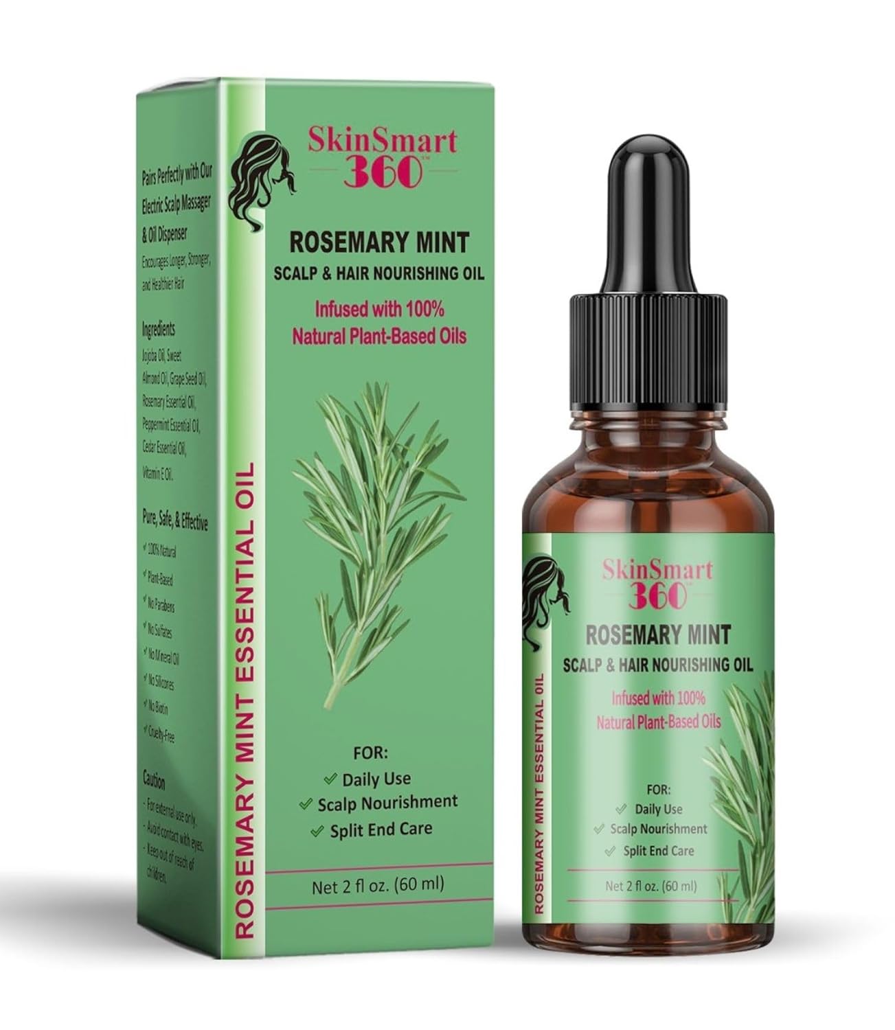 SkinSmart 360™ Rosemary Mint Oil for Hair Growth & Scalp Care – 60ml, Pack of 1 – 100% Natural & Plant-Based – Compatible with Our Electric Scalp Massager & Oil Dispenser