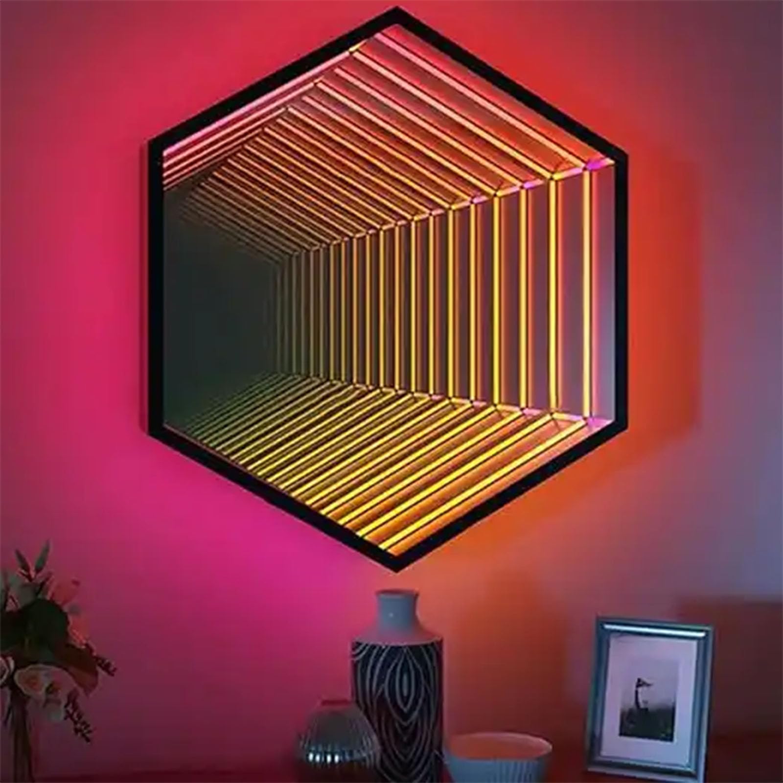 Inteligentne światło lustrzane 3D LED RGB Hexagon Infinity, lustrzane światło tunelowe, inteligentne sterowanie pilotem/aplikacją, światło dekoracyjne na imprezę festiwalową (50cm)