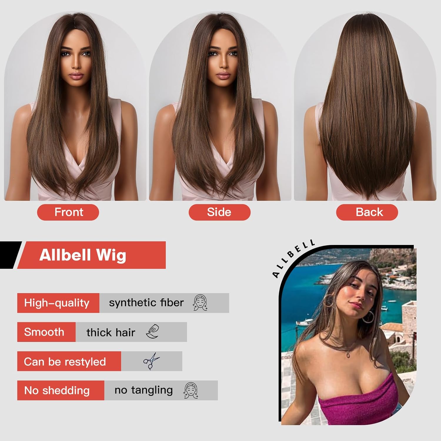 Allbell Brown Wigs for Women Long Straight Wig Layered Brown Hair Wig 24Inch Middle Part Dark Brown Wig Natural Heat Resistant Synthetic Fiber Wig for Party Halloween