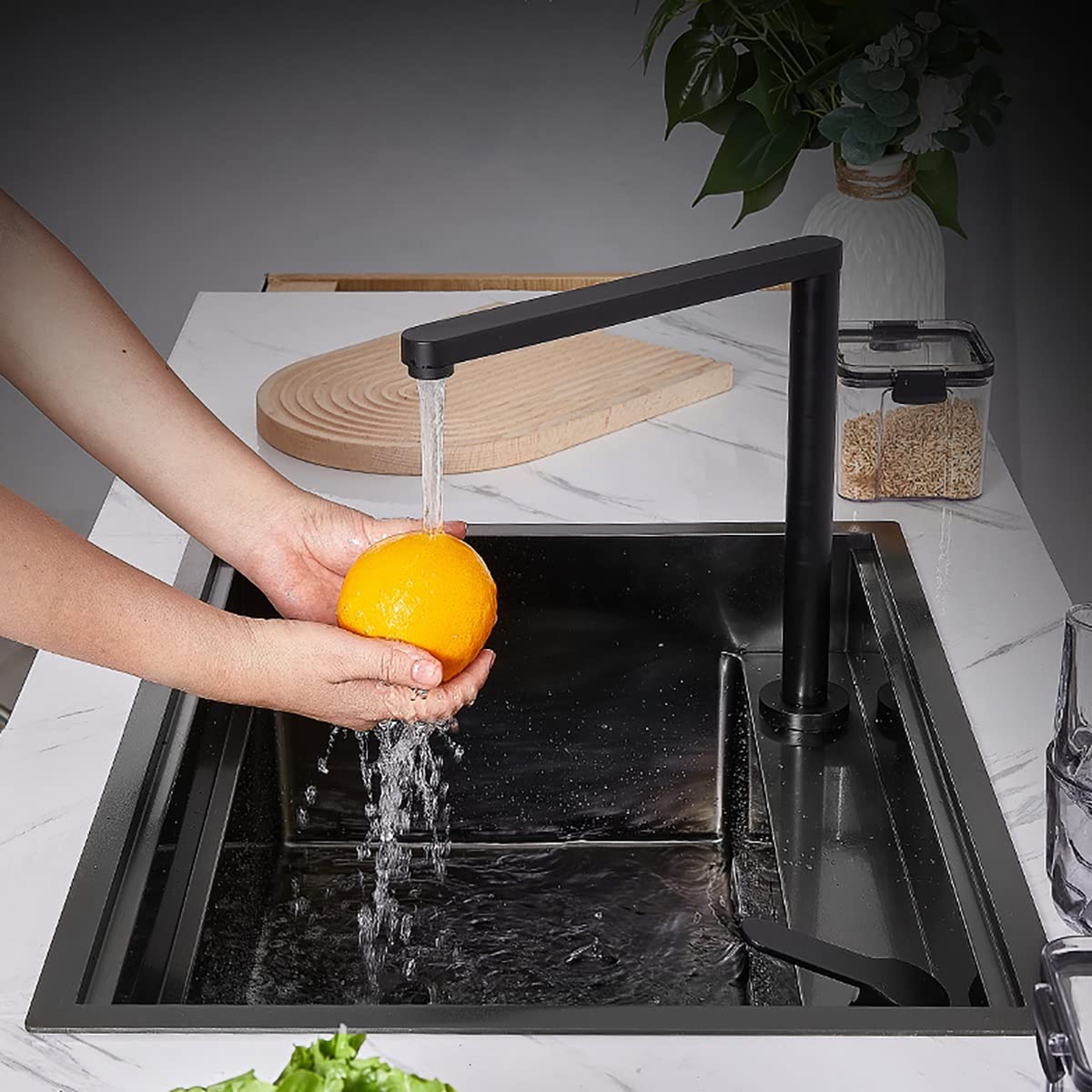 Lavello da Cucina, Lavello Nascosto in Acciaio Inox A Una Vasca con Kit di Scarico, Lavelli da Cucina Sottotop Antiruggine per Bar O Cucina, Nero 65 * 45 Cm