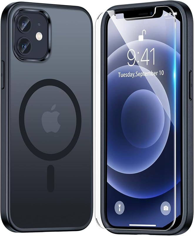 for iPhone 12 Pro Case / 12 Case, Compatible with MagSafe Matte Black | with Screen Protector, Not-Yellowing Military-Grade Protection, Shockproof Slim Magnetic Case for iPhone 12 / 12 Pro