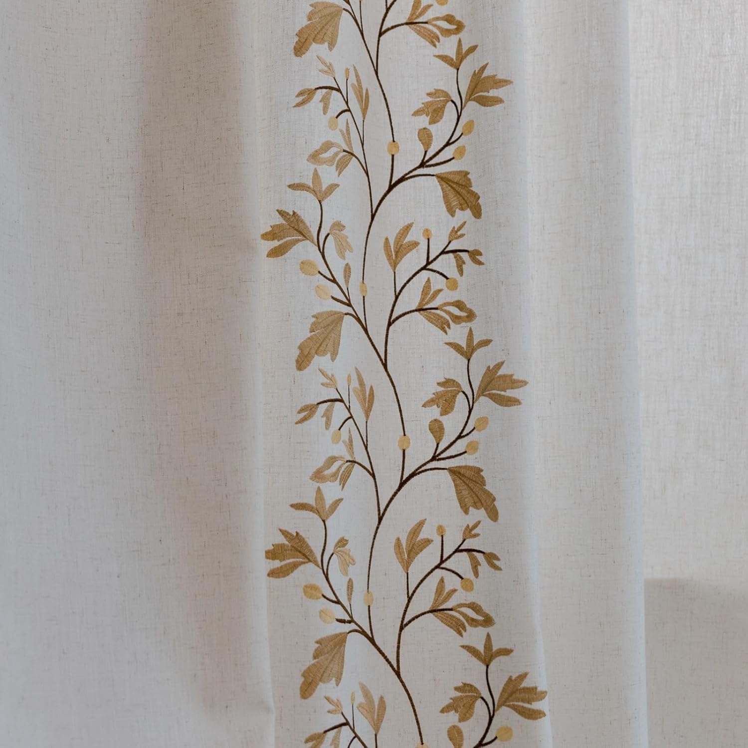 A.Monamour Cotton Blend Semi Sheer Rod Pocket White Botanical Window Curtain Panels Window Treatment Drapes with Handmade Tassels for Bedroom Kitchen Living Room, 1 Panel, Golden Flowers