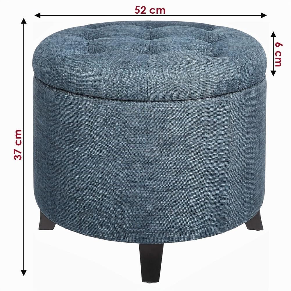 BAKAJI Pouf Contenitore Poggiapiedi in Legno con Scomparto Interno, Baule Portaoggetti con Seduta Imbottita, Sgabello Rotondo 51 x 51 x 43 cm Arredamento per Soggiorno, Cameretta (Blu Lino)