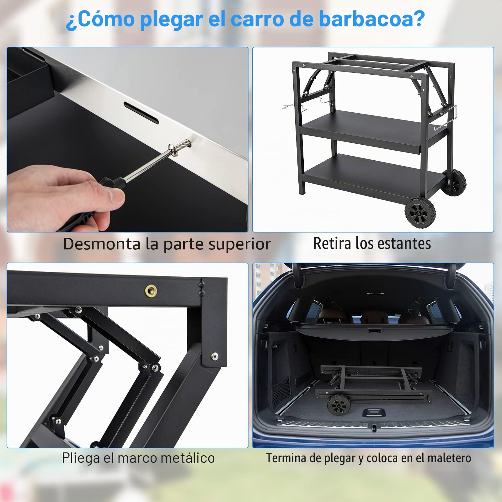 KOMFOTTEU Carro Barbacoa de 3 Niveles, Carrito Auxiliar con 2 Ruedas de Metal, Carro para Parrilla con Estante Ajustable, Mesa de Trabajo con Toallero y Portabolsas, 106 x 52 x 84 cm, Negro