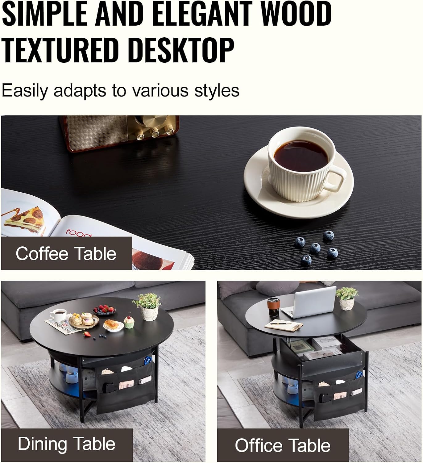 VEVOR Round Lift Top Coffee Table with LED Light, 35.4" Circle Coffee Table with Storage and Hidden Compartment, Farmhouse Large Dining Table for Living Room Reception Room, Black