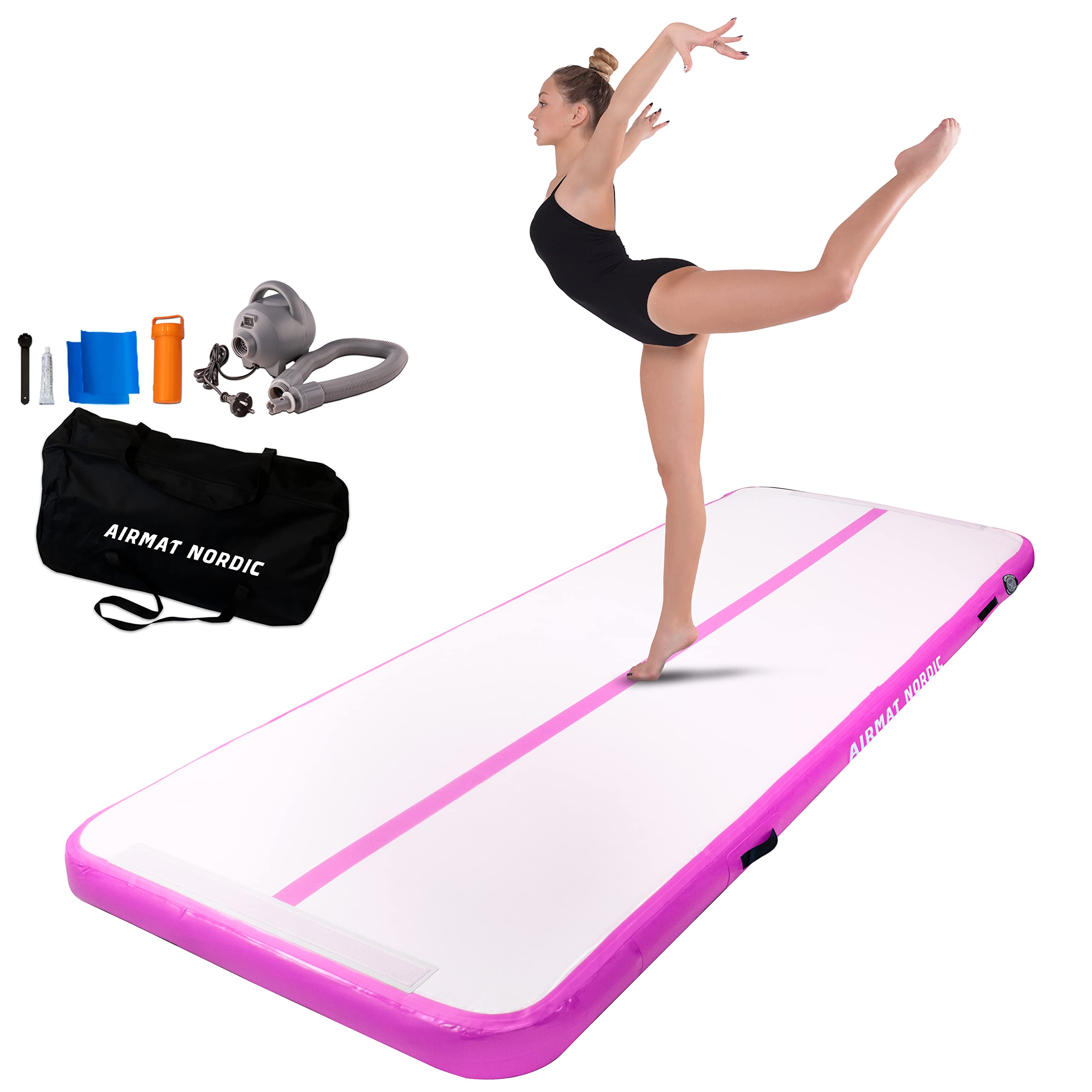 Photo 1 of AirMat Nordic Air Mat Tumble Track 10ft/13ft/16ft/20ft/26ft with Electric Air Pump, Inflatable Gymnastics Mat for Home, Best for Gymnastics, Cheerleading, Yoga - 3'3" Wide and 4" Thick, Tumbling Mat 10ft Pink