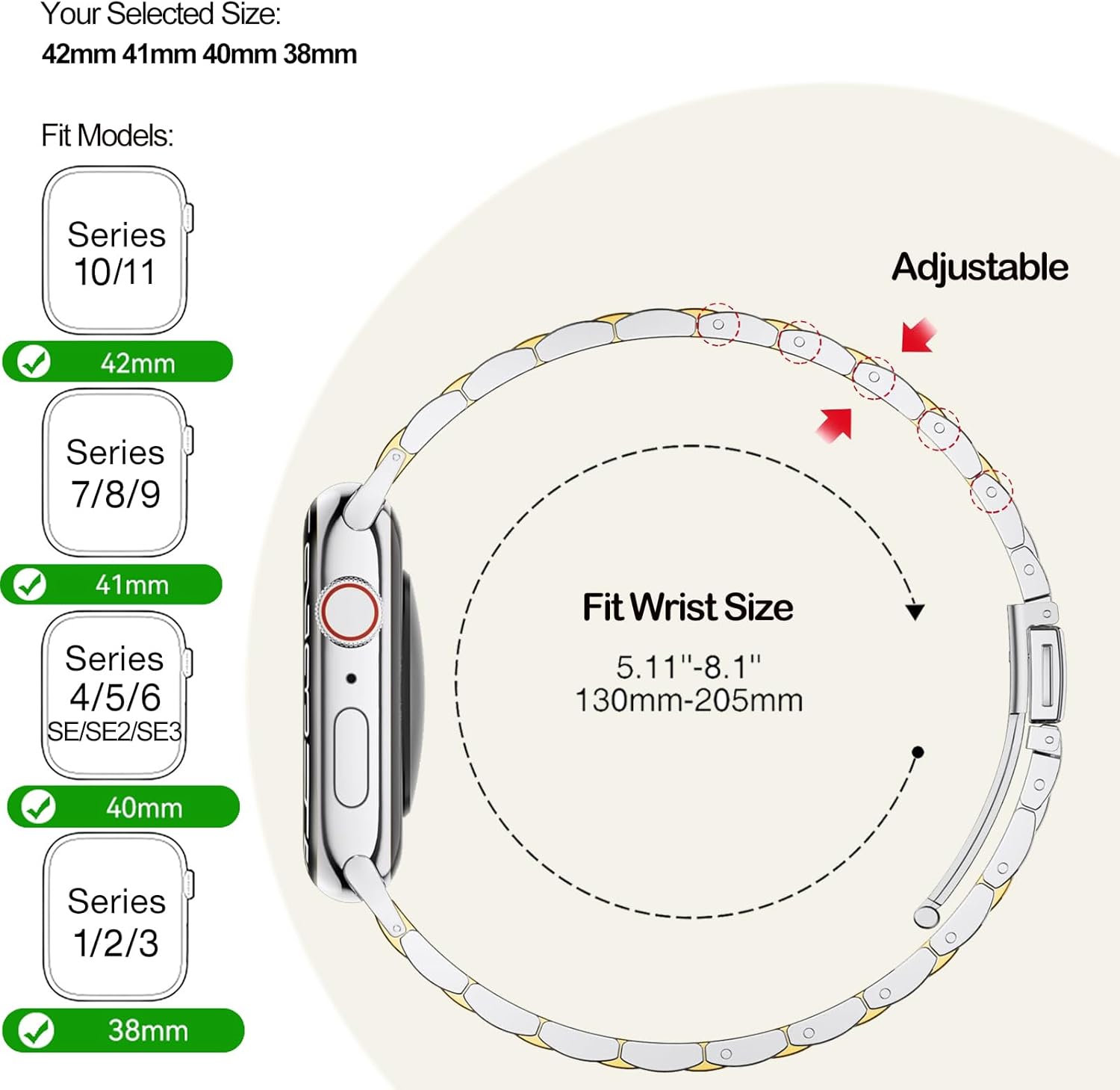 WFEAGL Thin Metal Bands Compatible with Apple Watch Band 42mm (Series 11 10) 41mm 40mm 38mm for Women, Slim Stainless Steel Wristbands for iWatch SE Series 9 8 7 6 5 4 3 2 1 (Silver+Gold) - Image 4