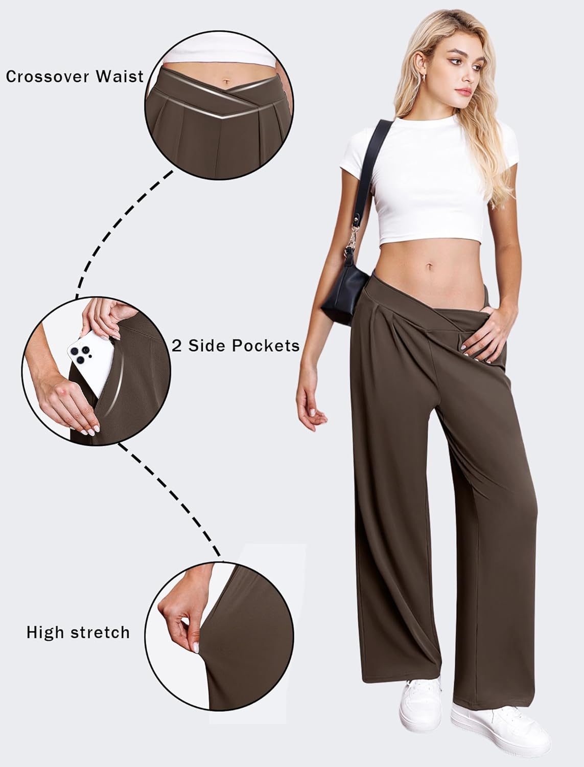 FireSwan Womens Wide Leg Work Pants Crossover Pleated Front Casual Slacks Flowy Palazzo Trousers with Pockets - Image 4