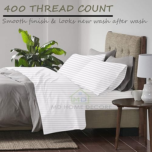 Miniatura 4 de Juego de sábanas de bolsillo extra profundas (4 piezas) 100% algodón egipcio de 400 hilos, bolsillo profundo de 22 pulgadas, sábana bajera ajustable