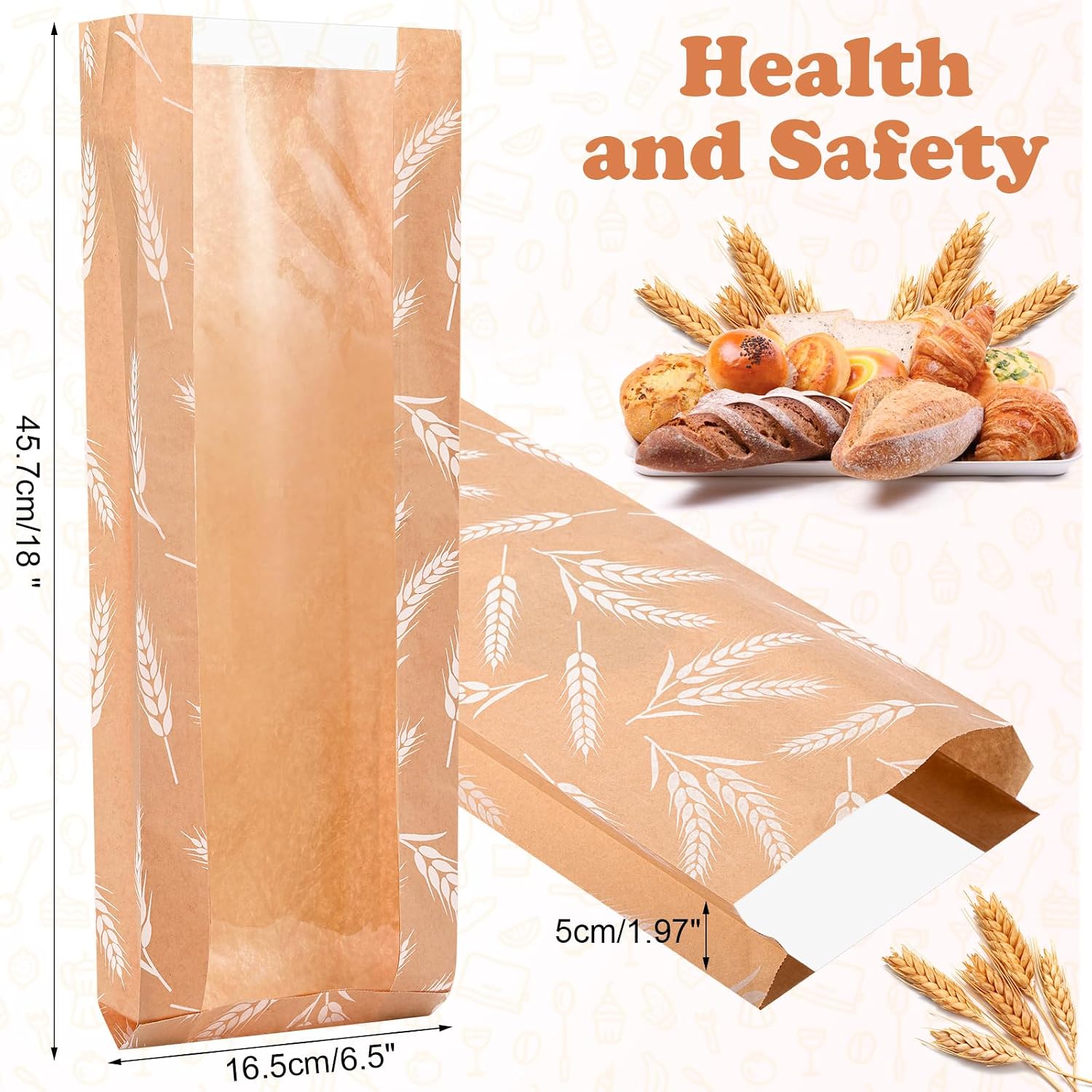 Affrolling 100 Pcs French Bread Bags Bulk with Window for Homemade, 18 x 6.5 x 2 Inch Long Paper Bags for French Bread for Bakery Storage Brown Kraft Loaf Biscuits Packaging(White Brown)