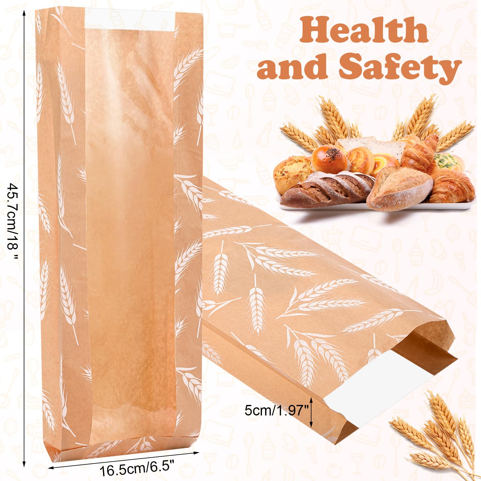 Affrolling 100 bolsas de pan de papel con ventana a granel para bolsas de pan caseras, bolsas largas de pan francés, bolsas de almacenamiento de panadería de 18 x 6.5 x 2 pulgadas, bolsas de