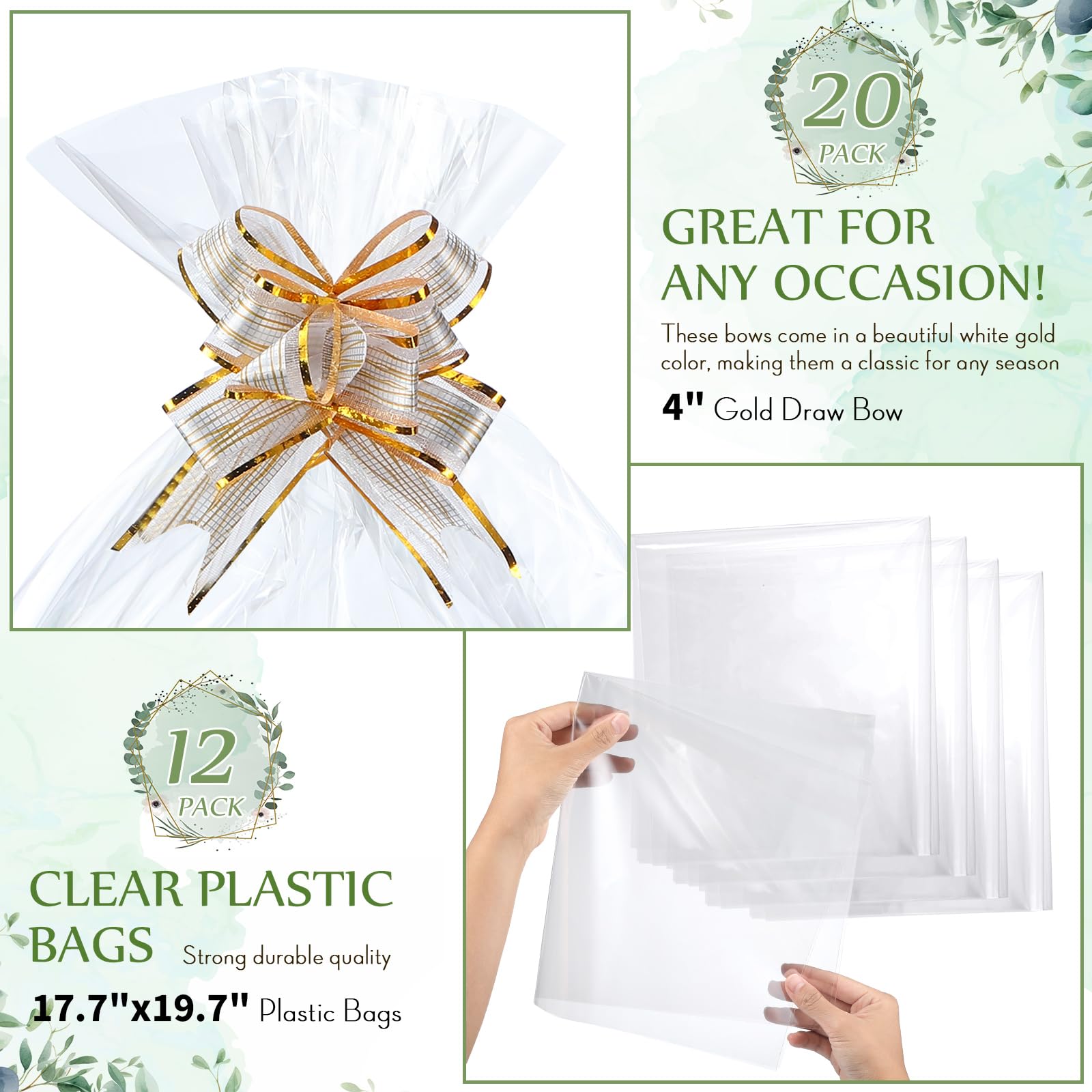 Cesta de regalo vacía de 44 piezas, incluye 12 cestas de regalo vacías, 12 bolsas de plástico para cestas de regalo y 20 lazos para bodas, Acción de Gracias, Navidad, fiesta, envoltura de regalos