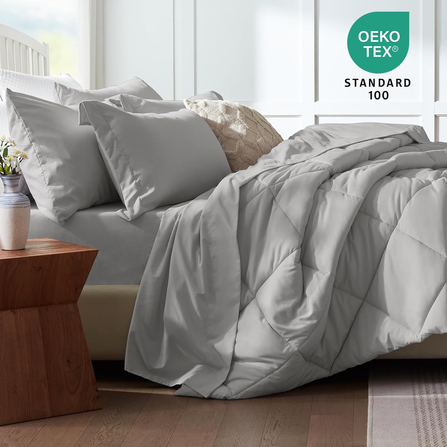 SunStyle Home Full/Queen Comforter Sets, 7-Pieces Bed in a Bag with Comforter and Sheets, All Season Bedding Sets with Comforter, Flat Sheet, Fitted Sheet Pillow Shams and Pillowcases (Light Grey) - Image 6