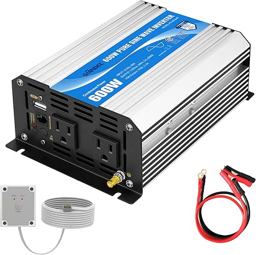 GIANDEL Inversor de corriente de onda sinusoidal pura de 600 vatios, 12 V CC a 110 V 120 V con control remoto, salidas de CA dobles y puerto USB GIANDEL Inversor de corriente de onda sinusoidal pura de 600 vatios, 12 V CC a 110 V 120 V con control remoto, salidas de CA dobles y puerto USB