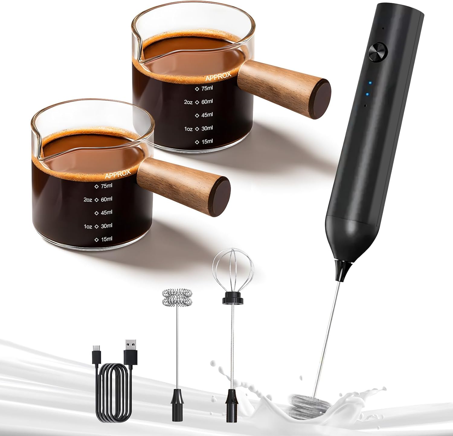 YARRAMATE Mini Powerful Milk Frother Wand & 100ml Glass Measuring Cups