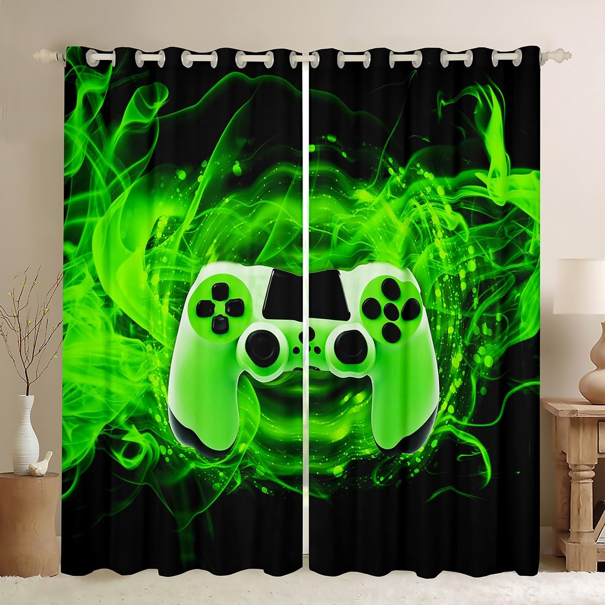 Games Curtain for Gaming Bedroom Living Room Gamer Room Curtains Kids Boys Video Game Gamepad Window Drapes Console Game Controller Curtain Green W46*L72