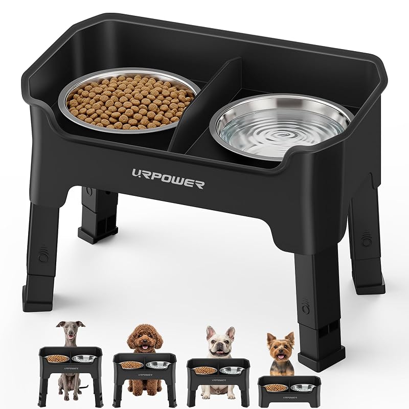 Comedouro elevado ajustável para cães com proteção contra respingos URPOWER Preto Fosco Pequeno