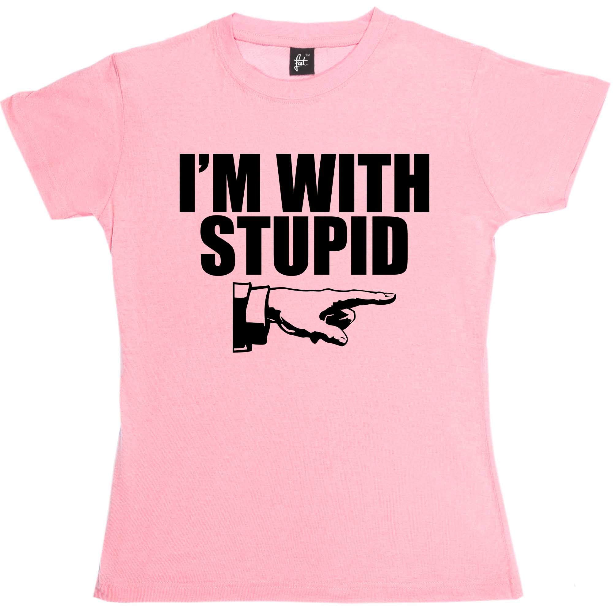 I'm with Stupid Funny Retro Womens Boyfriend Fit T-Shirt Baby Pink